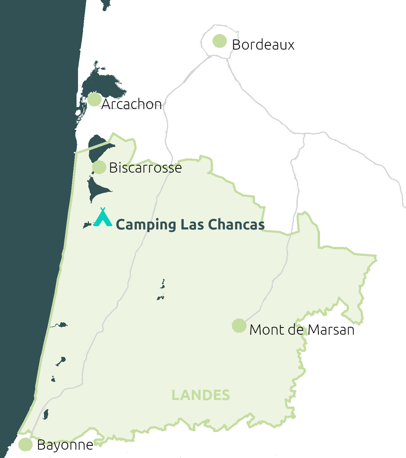 Carte des landes montrant l'emplacement du camping, entre Biscarrosse, Bayonne et Mont de marsan